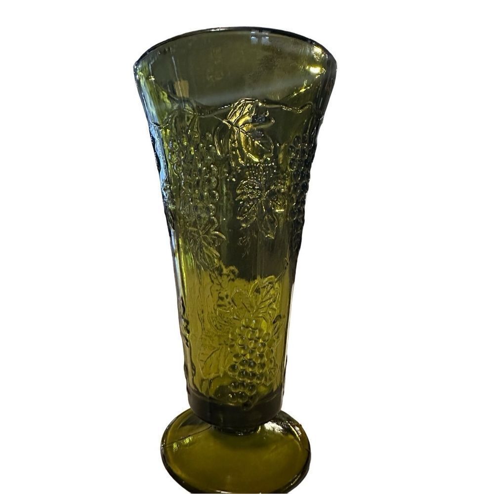 Vintage Indiana Glass Tall Footed Vase Harvest Grape pattern in Colony Green 8”